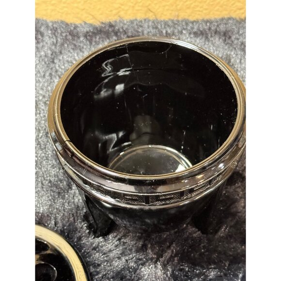 Vintage LE Smith Black Glass Greek Key Flower Frog Footed 2 Piece Vase - Picture 5 of 8